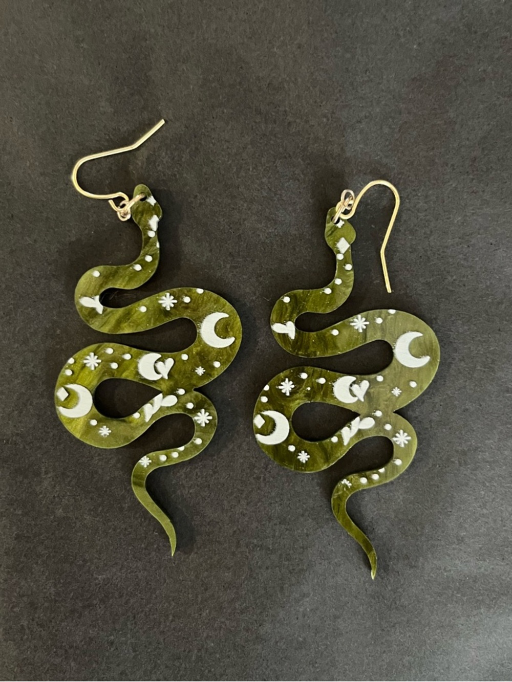 Green Plastic Snake Earrings with Gold Plated Hooks